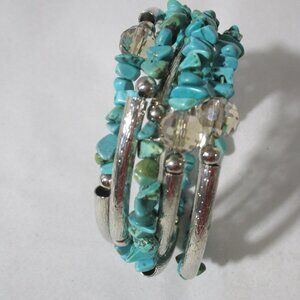 Fun Springy Faux Turquoise and Silver Tone Stretch Cuff  Bracelet